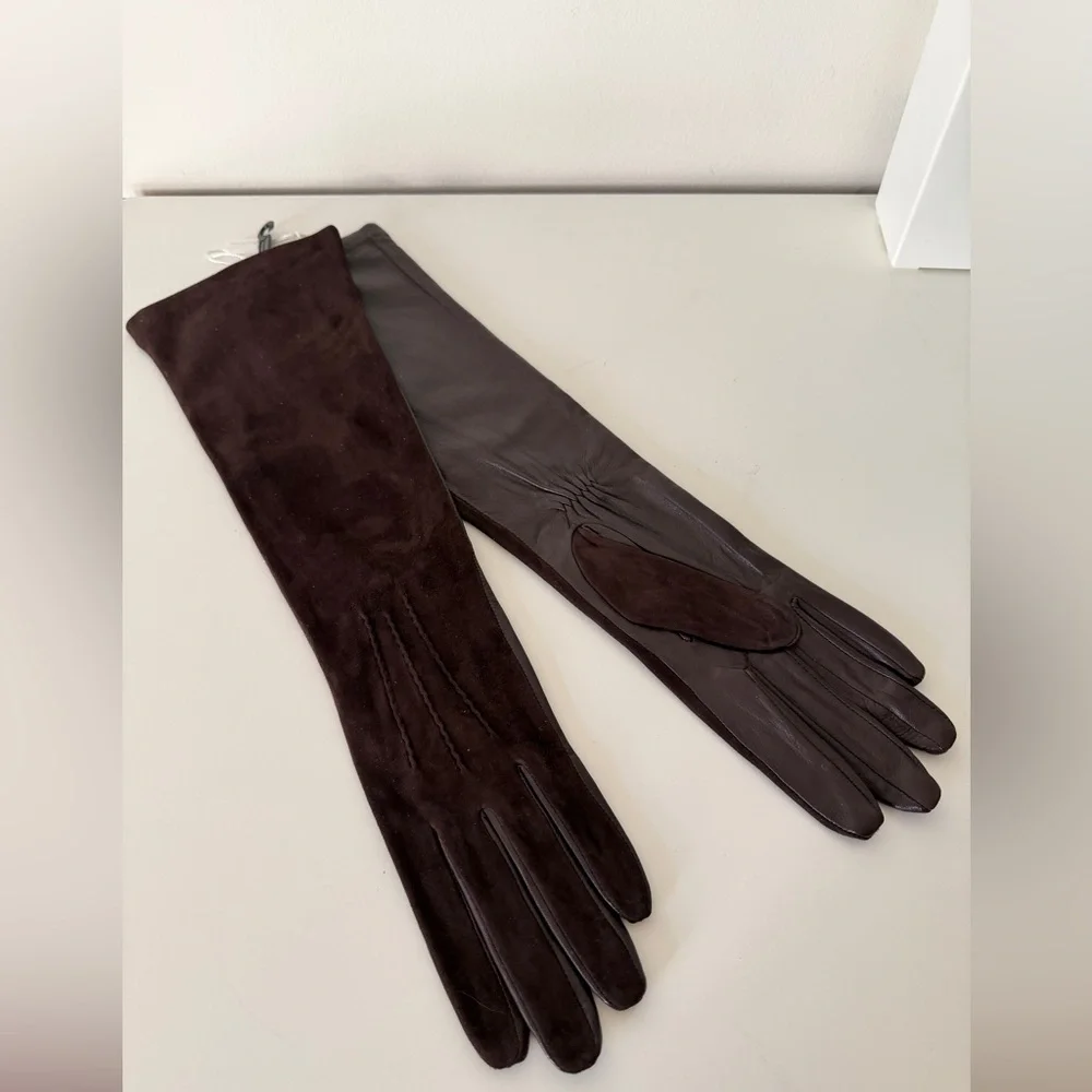 NWT Long Leather & Suede Opera Gloves Brown Premium 6.5